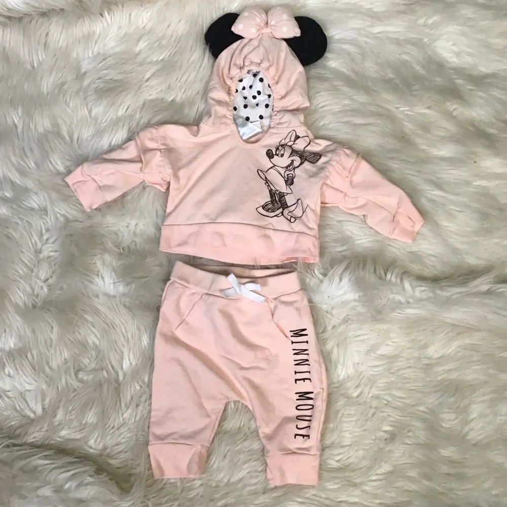 Disney Peach pink Minnie Mouse Infant two piece Hoodie outfit EUC